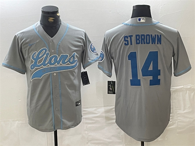 Personalized Men’s Detroit Lions #14 Amon-Ra St. Brown Grey Cool Base Stitched Baseball Jersey