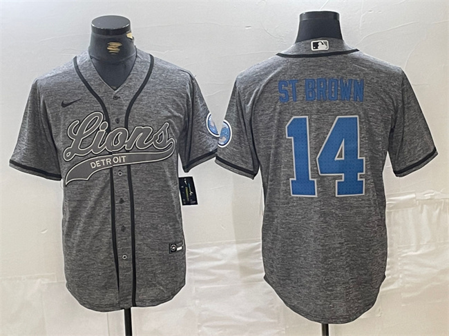 Personalized Men’s Detroit Lions #14 Amon-Ra St. Brown Grey Cool Base Stitched Baseball Jerseys