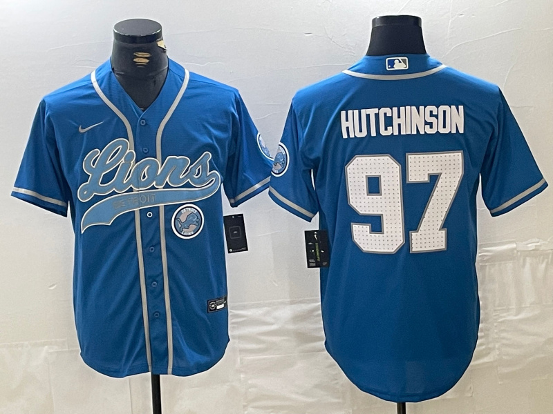 Personalized Men’s Detroit Lions #97 Aidan Hutchinson Blue Cool Base Stitched Baseball Jerseys