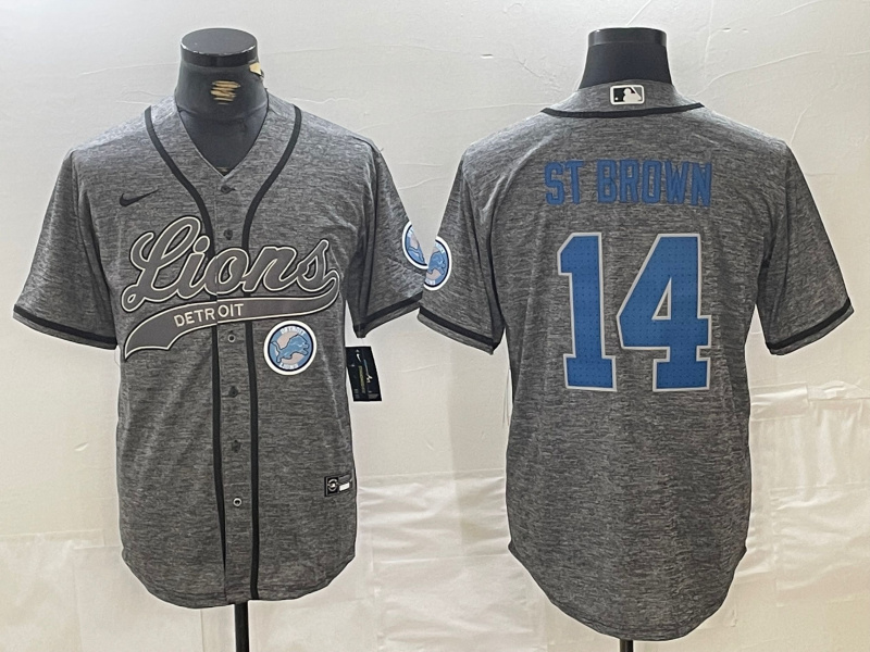 Personalized Men’s Detroit Lions #14 Amon-Ra St. Brown Grey Cool Base Stitched Baseball Jerseys