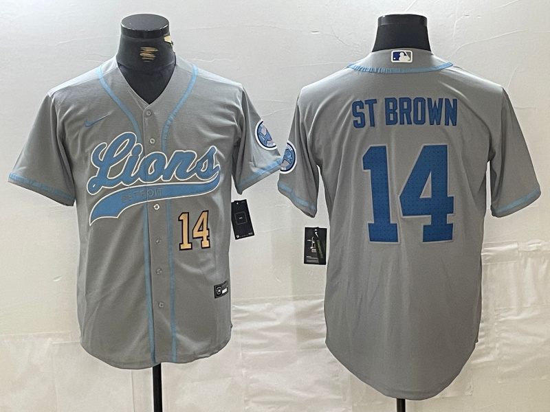 Personalized Men’s Detroit Lions #14 Amon-Ra St. Brown Grey Cool Base Stitched Baseball Jerseys
