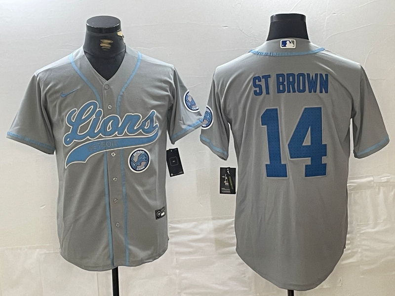 Personalized Men’s Detroit Lions #14 Amon-Ra St. Brown Grey Cool Base Stitched Baseball Jerseys