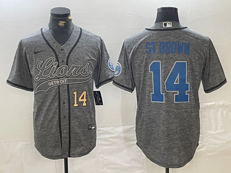 Personalized Men’s Detroit Lions #14 Amon-Ra St. Brown Grey Cool Base Stitched Baseball Jerseys