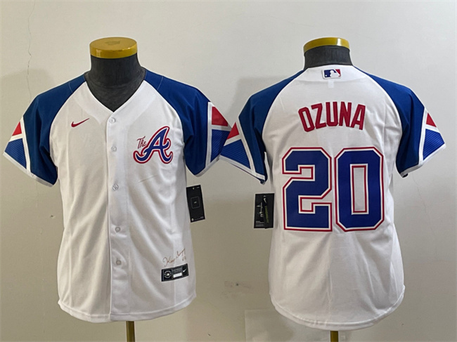 Personalized Youth Atlanta Braves #20 Marcell Ozuna White 2023 City Connect Stitched Baseball Jersey