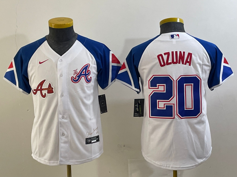Personalized Youth Atlanta Braves #20 Marcell Ozuna White 2023 City Connect Stitched Baseball Jersey(Run Small)