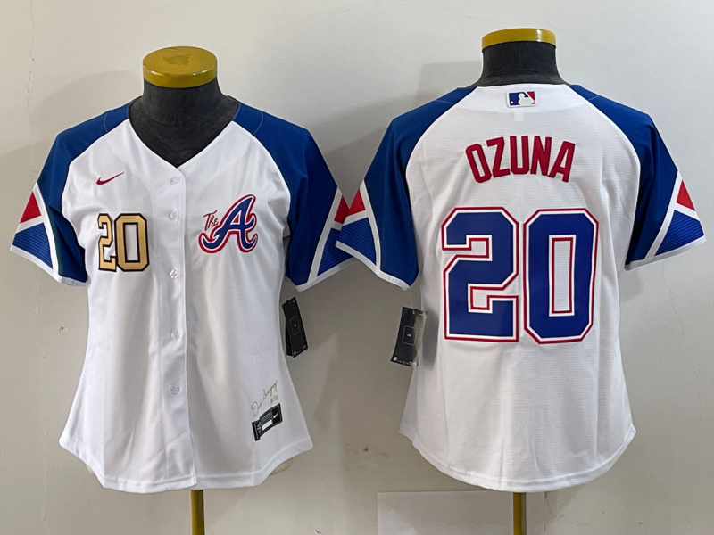 Personalized Women’s Atlanta Braves #20 Marcell Ozuna White 2023 City Connect Stitched Baseball Jersey(Run Small)