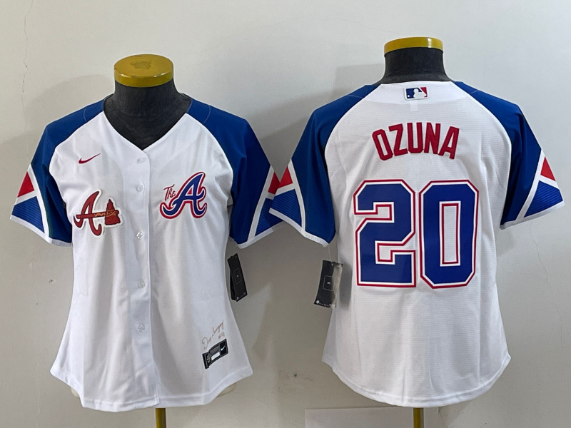 Personalized Women’s Atlanta Braves #20 Marcell Ozuna White 2023 City Connect Stitched Baseball Jersey(Run Small)