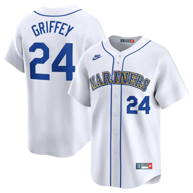 Personalized Men’s Seattle Mariners #24 Ken Griffey Jr. White Throwback Cooperstown Limited Stitched Jersey