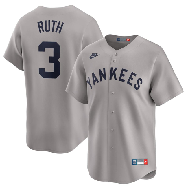 Personalized Men’s New York Yankees #3 Babe Ruth Gray Cooperstown Collection Limited Stitched Baseball Jersey