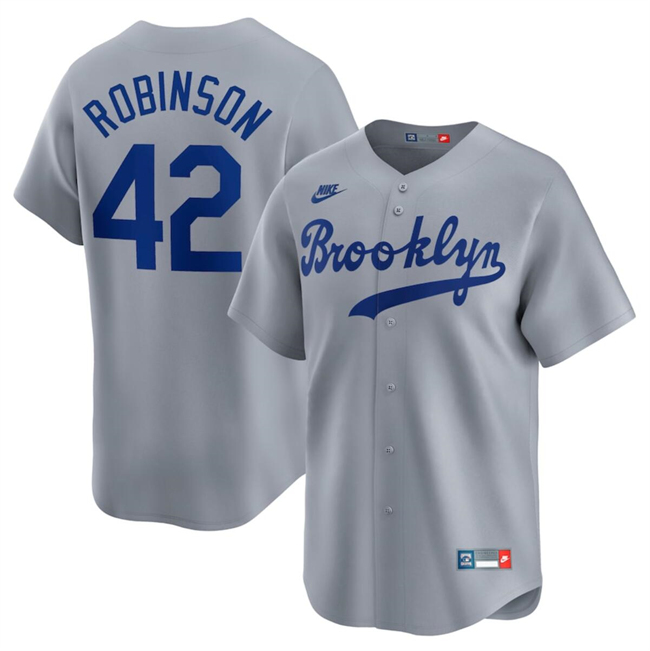 Personalized Men’s Brooklyn Dodgers #42 Jackie Robinson Gray Throwback Cooperstown Collection Limited Stitched Baseball Jersey