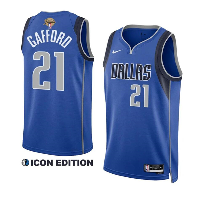 Personalized Men’s Dallas Mavericks #21 Daniel Gafford Blue 2024 Finals Icon Edition Stitched Basketball Jersey