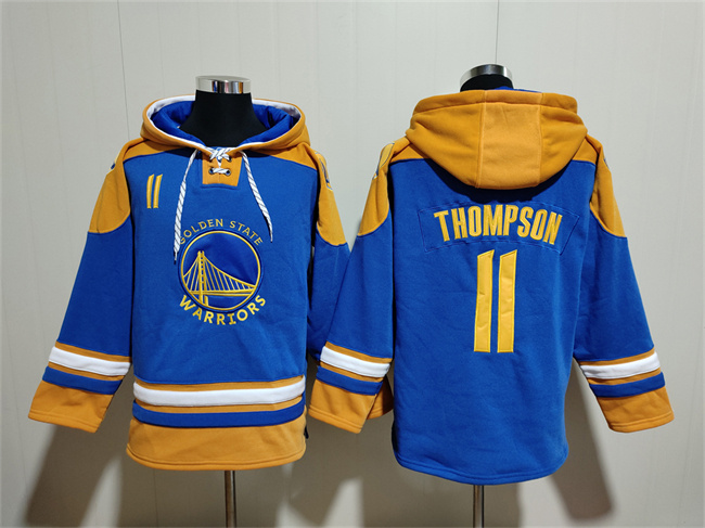 Personalized Men’s Golden State Warriors #11 Klay Thompson Blue Yellow Lace-Up Pullover Hoodie
