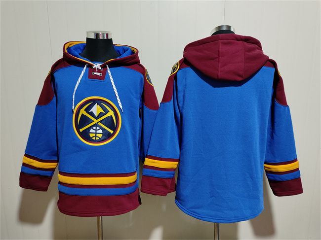 Personalized Men’s Denver Nuggets Blank Blue Red Lace-Up Pullover Hoodie