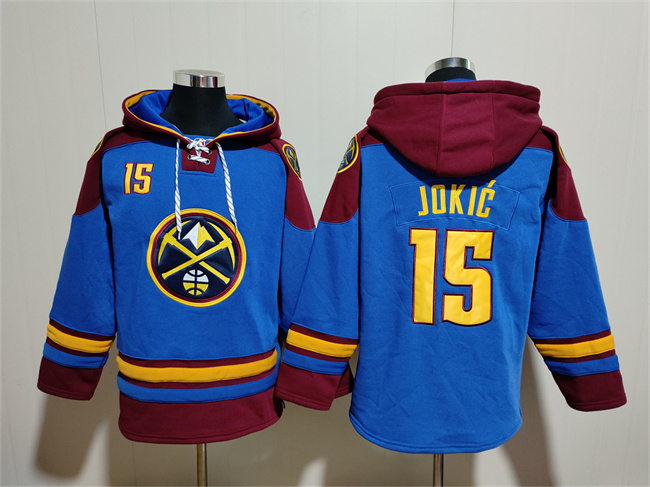 Personalized Men’s Denver Nuggets #15 Nikola Jokic Blue Red Lace-Up Pullover Hoodie