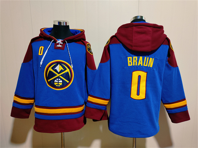 Personalized Men’s Denver Nuggets #0 Christian Braun Blue Red Lace-Up Pullover Hoodie