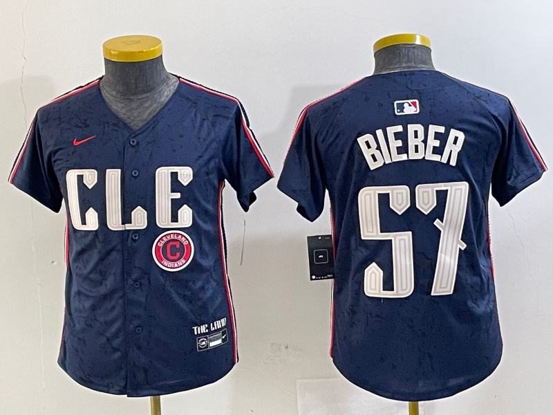 Personalized Youth Cleveland Guardians #57 Shane Bieber Navy 2024 City Connect Limited Stitched Baseball Jerseys