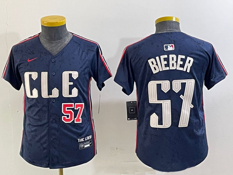 Personalized Youth Cleveland Guardians #57 Shane Bieber Navy 2024 City Connect Limited Stitched Baseball Jerseys