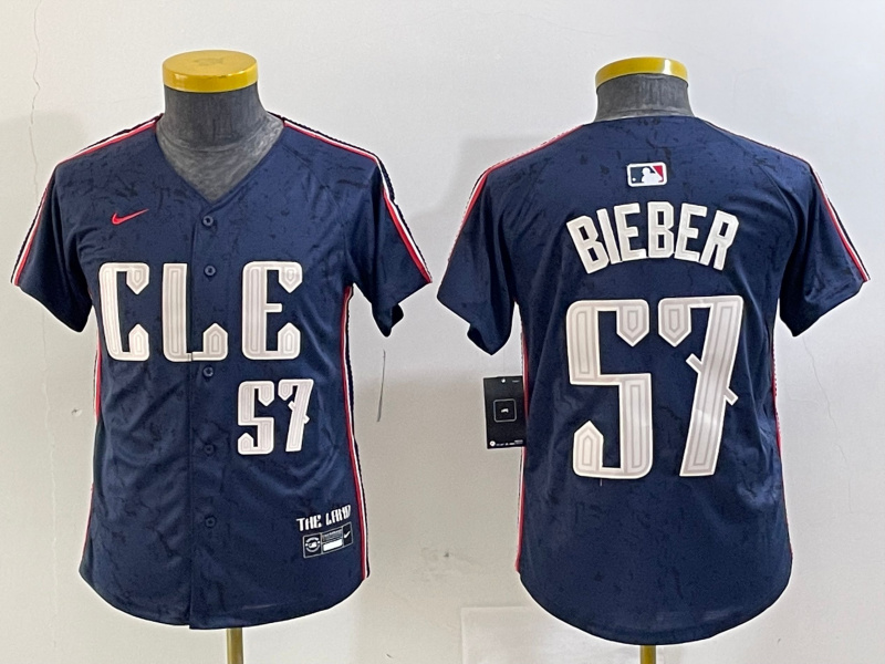Personalized Youth Cleveland Guardians #57 Shane Bieber Navy 2024 City Connect Limited Stitched Baseball Jerseys