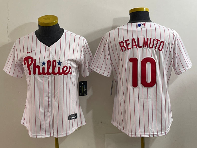 Personalized Women’s Philadelphia Phillies #10 J.T. Realmuto White 2022 World Series Cool Base Stitched