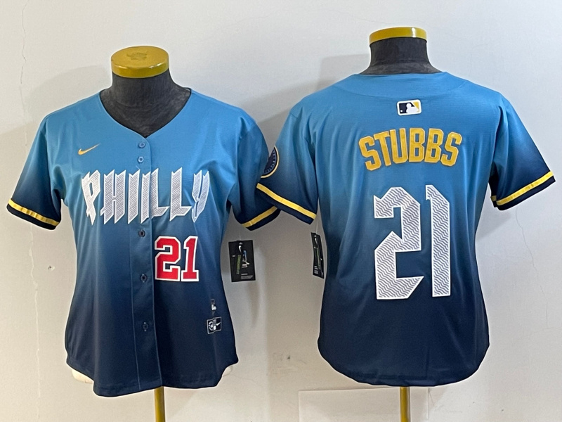 Personalized Women’s Philadelphia Phillies #21 Garrett Stubbs Blue 2024 City Connect Limited Stitched Jersey