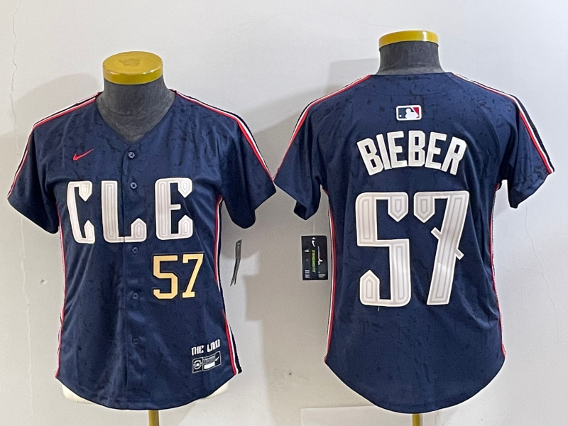 Personalized Women’s Cleveland Guardians #57 Shane Bieber Navy 2024 City Connect Limited Stitched Baseball Jersey