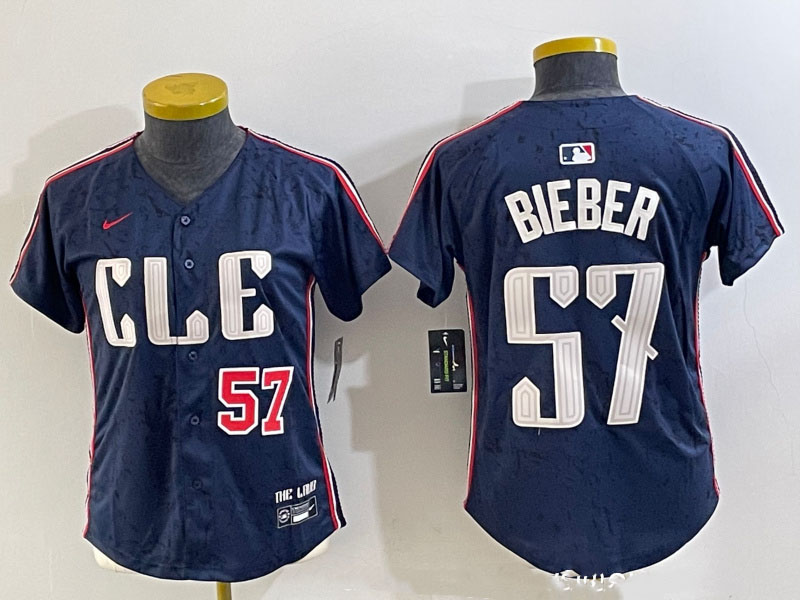 Personalized Women’s Cleveland Guardians #57 Shane Bieber Navy 2024 City Connect Limited Stitched Baseball Jerseys