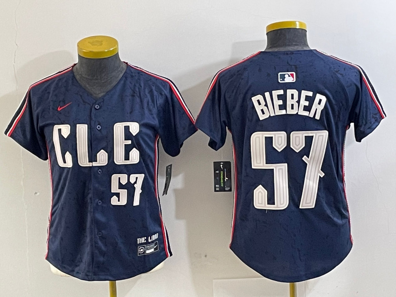 Personalized Women’s Cleveland Guardians #57 Shane Bieber Navy 2024 City Connect Limited Stitched Baseball Jerseys