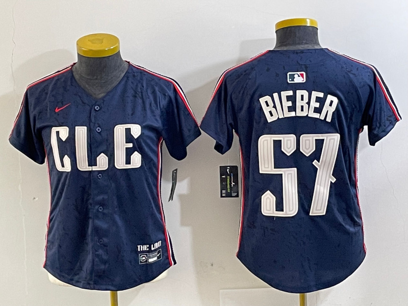 Personalized Women’s Cleveland Guardians #57 Shane Bieber Navy 2024 City Connect Limited Stitched Baseball Jerseys