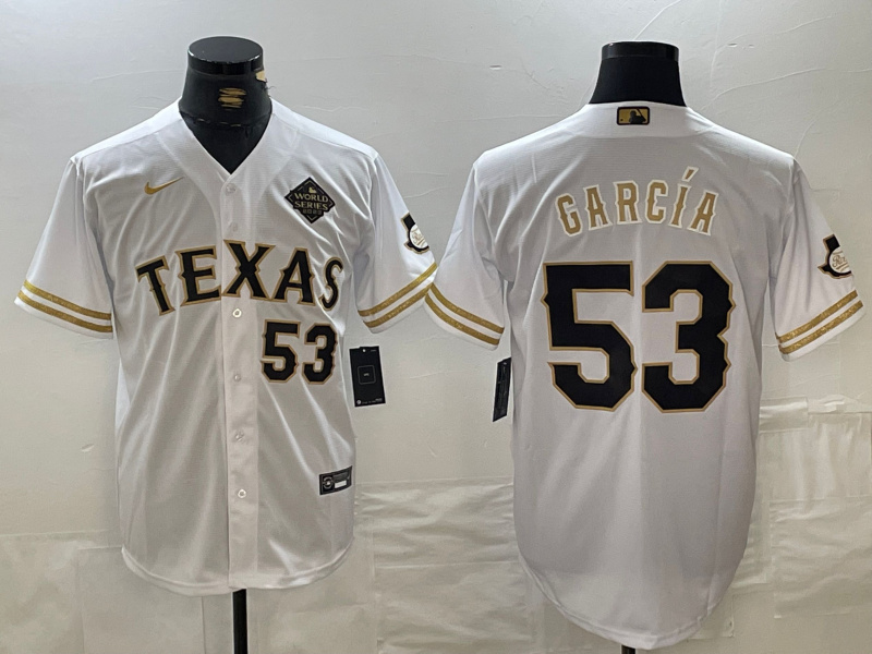 Personalized Men’s Texas Rangers #53 Adolis García White Gold With Patch Cool Base Stitched Baseball jerseys