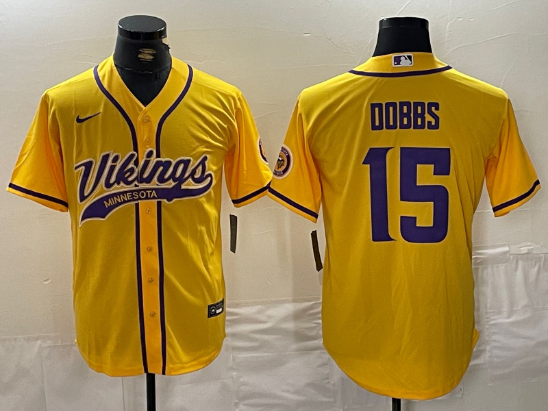 Personalized Men’s Minnesota Vikings #15 Dallas Turner Yellow Cool Base Stitched Baseball Jerseys