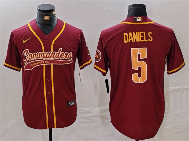 Personalized Men’s Washington Commanders #5 Jayden Daniels Burgundy With Patch Cool Base Stitched Baseball Jersey