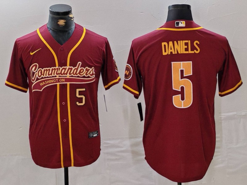 Personalized Men’s Washington Commanders #5 Jayden Daniels Burgundy With Patch Cool Base Stitched Baseball Jerseys
