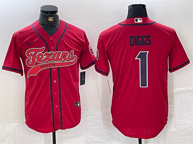 Personalized Men’s Houston Texans #1 Stefon Diggs Red With Patch Cool Base Stitched Baseball Jersey