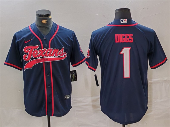 Personalized Men’s Houston Texans #1 Stefon Diggs Navy With Patch Cool Base Stitched Baseball Jersey