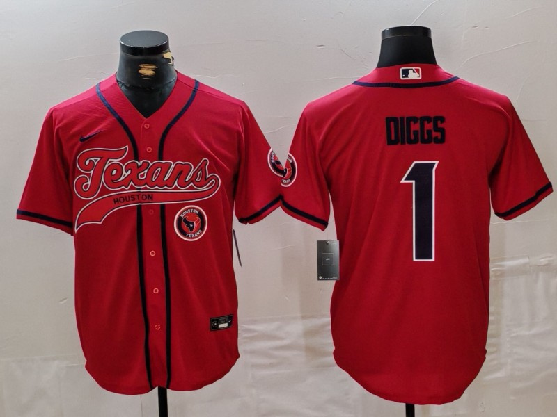 Personalized Men’s Houston Texans #1 Stefon Diggs Red With Patch Cool Base Stitched Baseball Jerseys