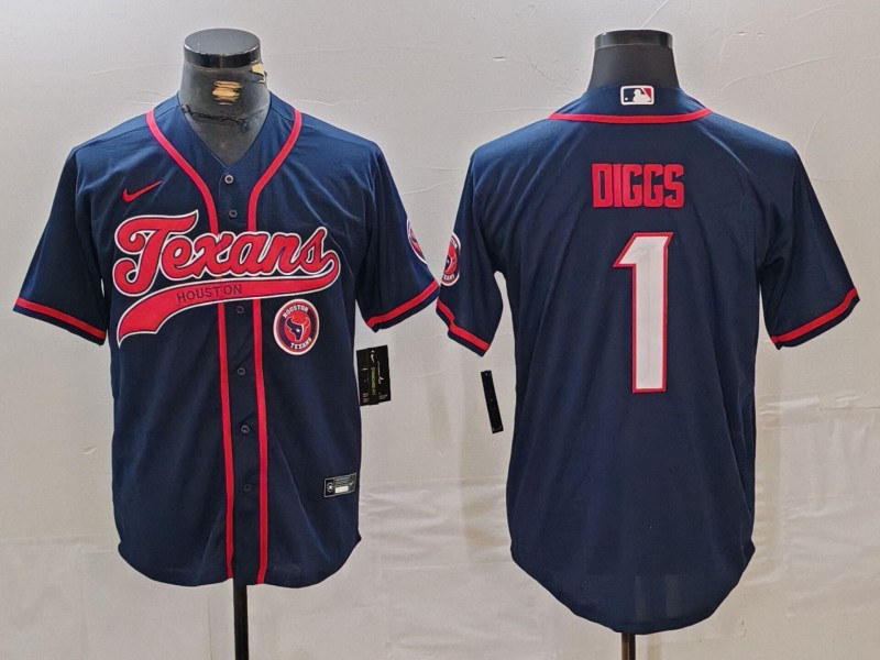 Personalized Men’s Houston Texans #1 Stefon Diggs Navy With Patch Cool Base Stitched Baseball Jerseys