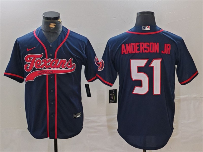Personalized Men’s Houston Texans #51 Will Anderson Jr. Navy With Patch Cool Base Stitched Baseball Jersey
