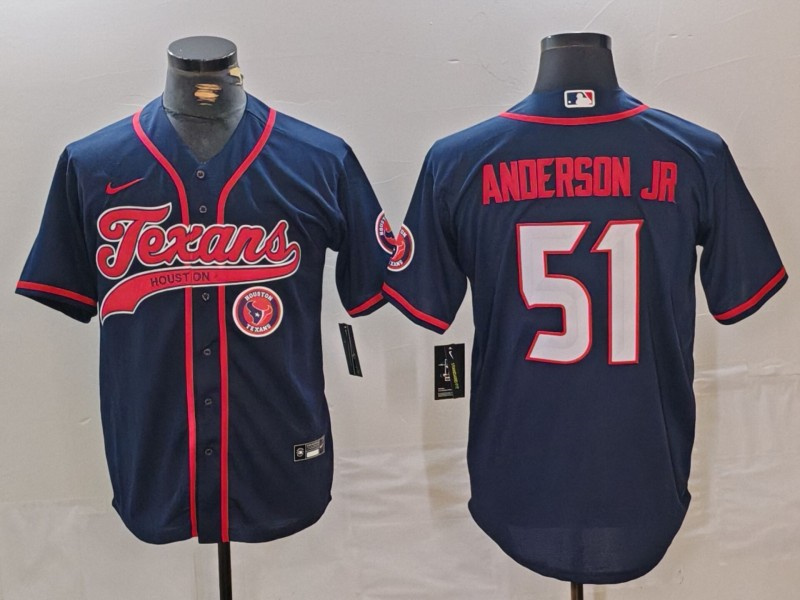 Personalized Men’s Houston Texans #51 Will Anderson Jr. Navy With Patch Cool Base Stitched Baseball Jerseys
