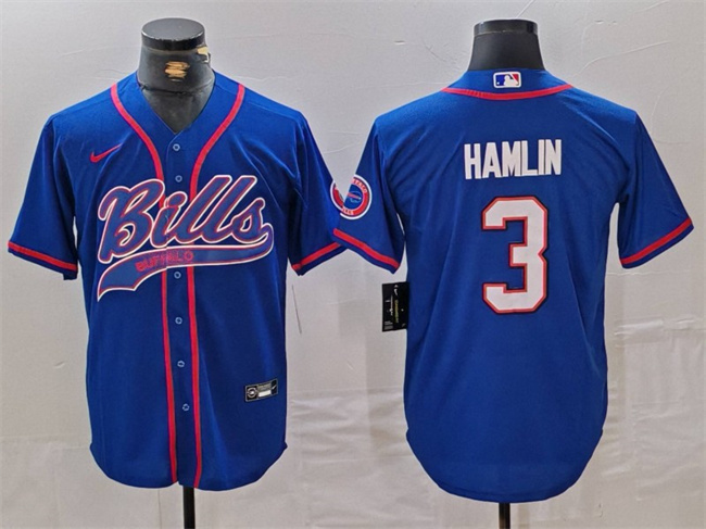 Personalized Men’s Buffalo Bills #3 Damar Hamlin Blue With Patch Cool Base Stitched Baseball Jersey