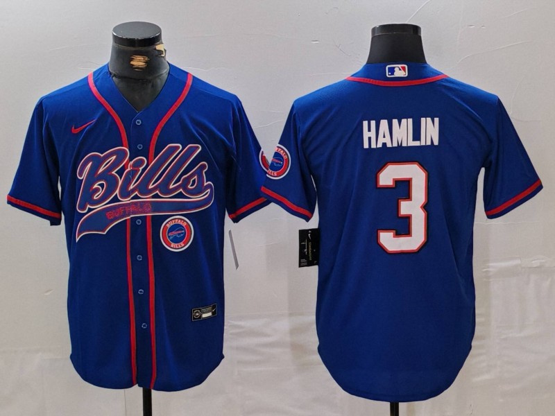Personalized Men’s Buffalo Bills #3 Damar Hamlin Blue With Patch Cool Base Stitched Baseball Jerseys