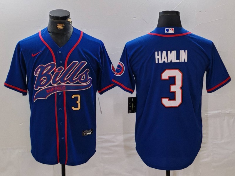 Personalized Men’s Buffalo Bills #3 Damar Hamlin Blue With Patch Cool Base Stitched Baseball Jerseys