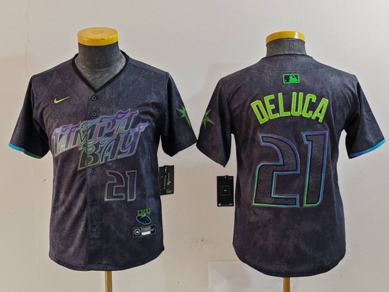 Personalized Youth Tampa Bay Rays #21 Jonny DeLuca Charcoal 2024 City Connect Limited Stitched Baseball Jerseys