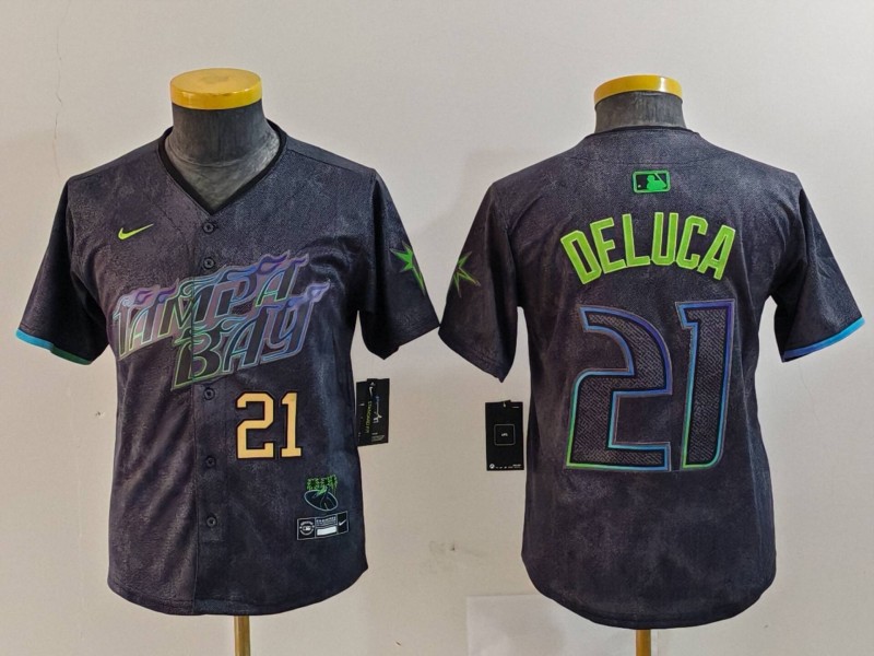 Personalized Youth Tampa Bay Rays #21 Jonny DeLuca Charcoal 2024 City Connect Limited Stitched Baseball Jerseys