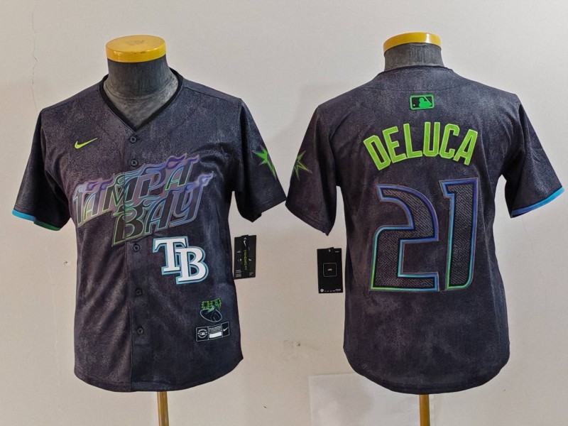 Personalized Youth Tampa Bay Rays #21 Jonny DeLuca Charcoal 2024 City Connect Limited Stitched Baseball Jerseys