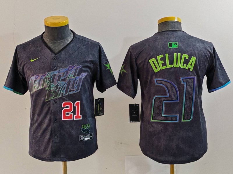 Personalized Youth Tampa Bay Rays #21 Jonny DeLuca Charcoal 2024 City Connect Limited Stitched Baseball Jerseys