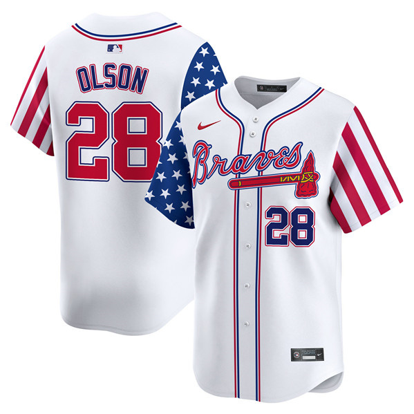 Personalized Men’s Atlanta Braves #28 Matt Olson White 2024 Independence Day Limited Stitched Baseball Jersey
