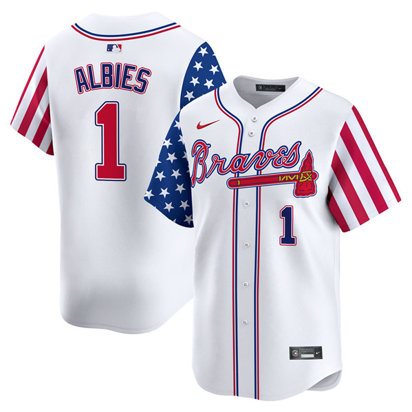 Personalized Men’s Atlanta Braves #1 Ozzie Albies White 2024 Independence Day Limited Stitched Baseball Jersey