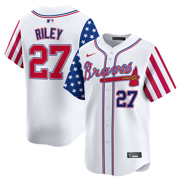 Personalized Men’s Atlanta Braves #27 Austin Riley White 2024 Independence Day Limited Stitched Baseball Jersey