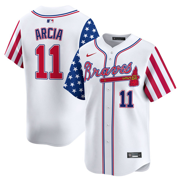 Personalized Men’s Atlanta Braves #11 Orlando Arcia White 2024 Independence Day Limited Stitched Baseball Jersey