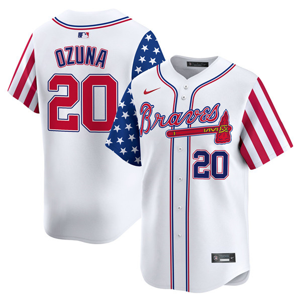 Personalized Men’s Atlanta Braves #20 Marcell Ozuna White 2024 Independence Day Limited Stitched Baseball Jersey